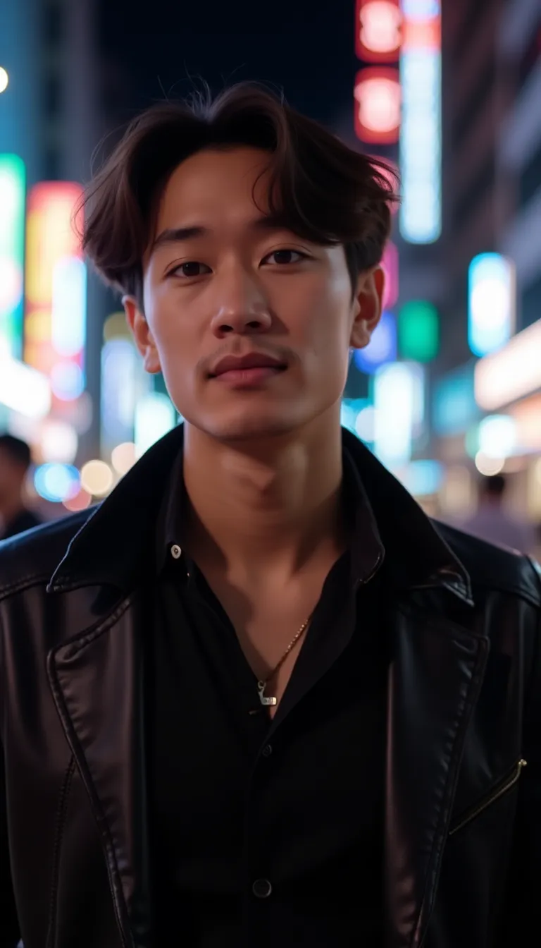 asian man in a city at night  wearing a stylish outfit