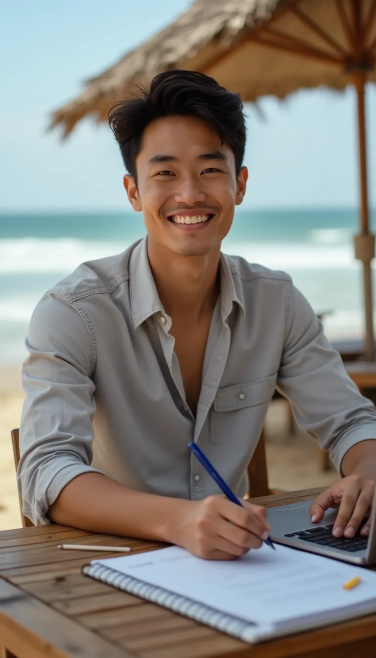 asian man with laptop on a beach  tropical background