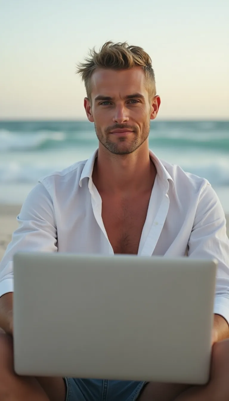 white man with a laptop enjoying a beachside setting