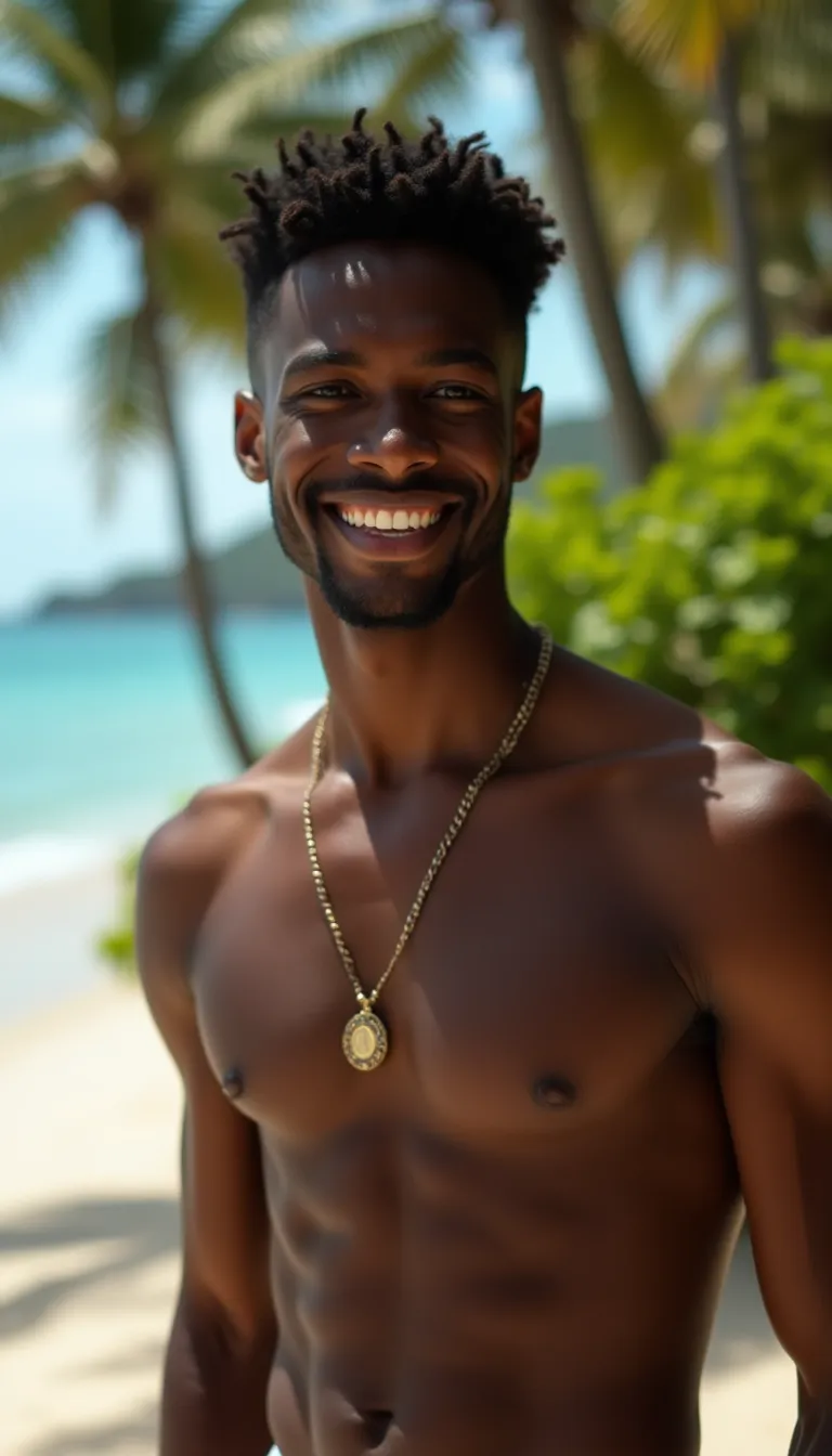 black man with laptop at a tropical resort setting