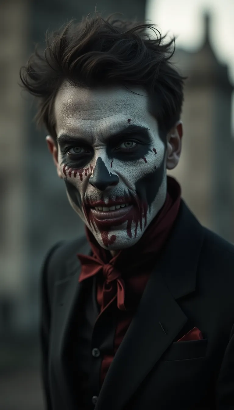 halloween european man with zombie makeup in an eerie graveyard