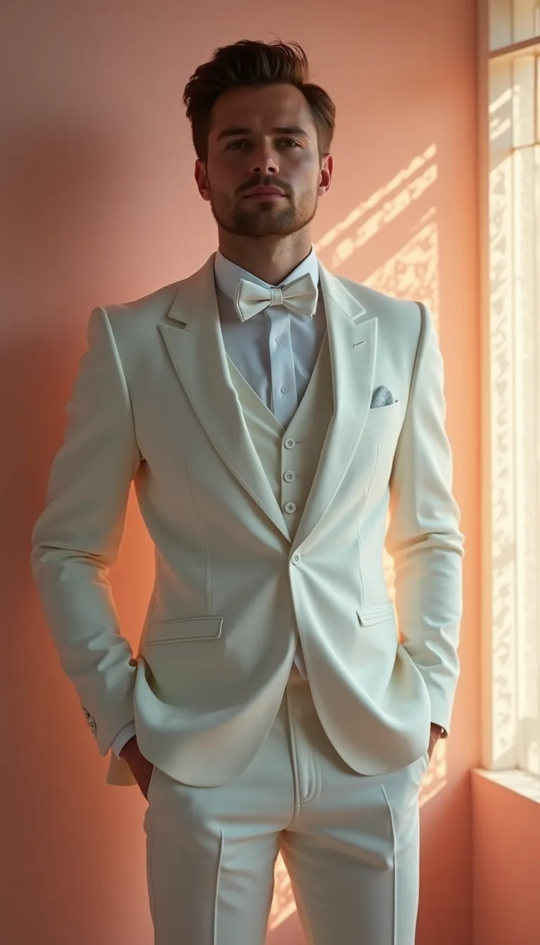 white man in an elegant suit with a dreamy  romantic setting