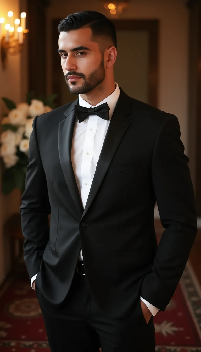 middle eastern man in a formal tuxedo  surrounded by romantic decor