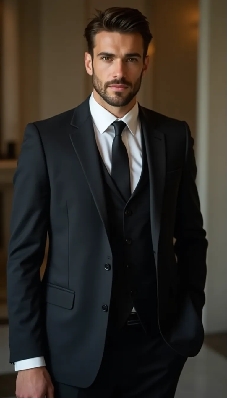 european man in a stylish suit  illuminated by soft romantic lighting