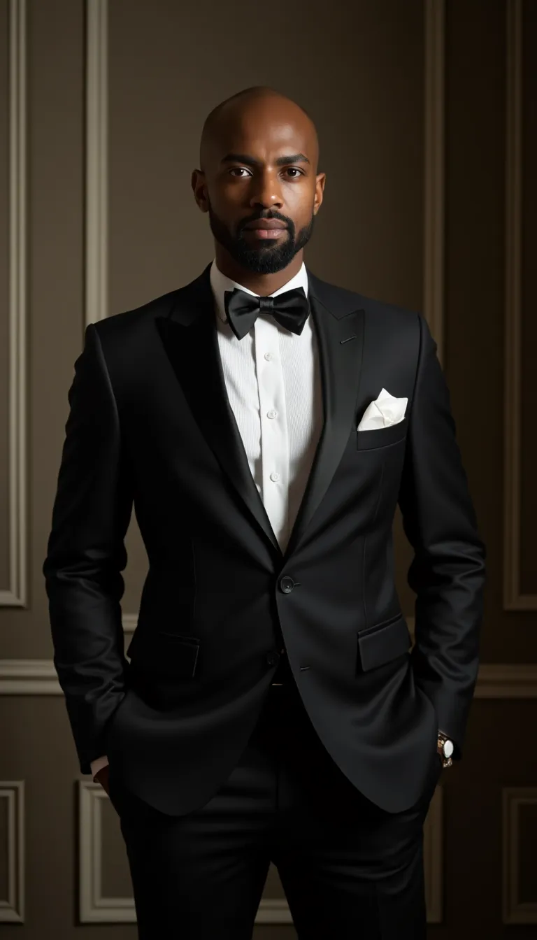 black man in a classic tuxedo  set against an elegant  romantic background