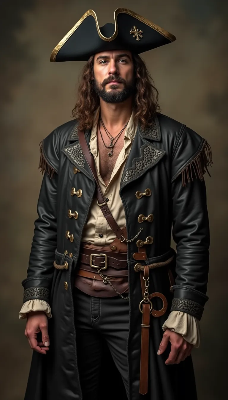 european man in a pirate costume  rugged style with a stormy background