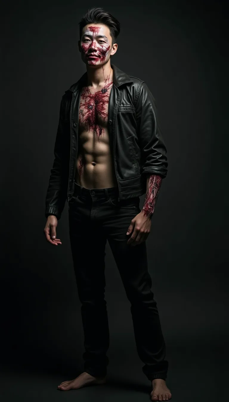 asian man in zombie costume  dark setting  spooky and sexy