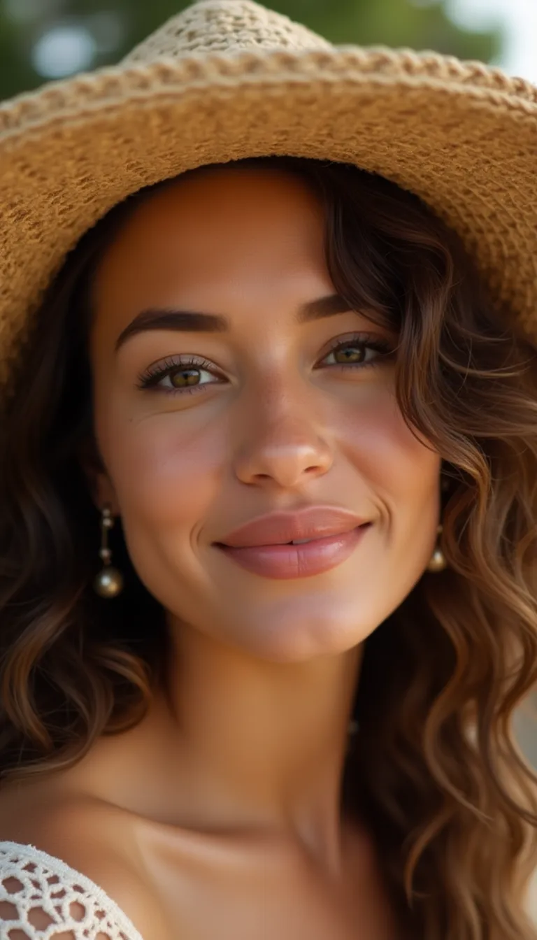 middle eastern woman wearing a wide brim sunhat  beach background