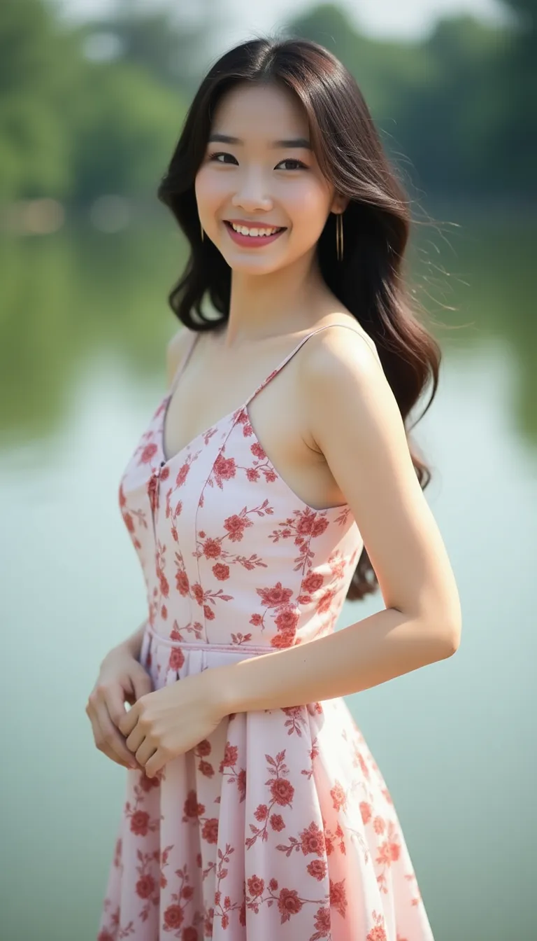 asian-woman-in-a-floral-dress--standing-by-a-serene-lake